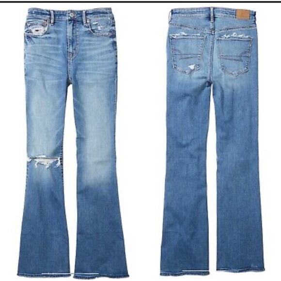 American Eagle Womens Jeans Size 6 Medium Wash Super High Rise Flare Ripped - Picture 3 of 13